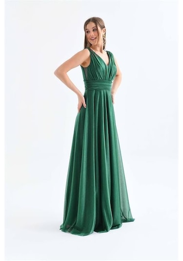 Dip Moda Kadın Astarlı Sim Detaylı Uzun Abiye Elbise Dpnbs9223 Yeşil