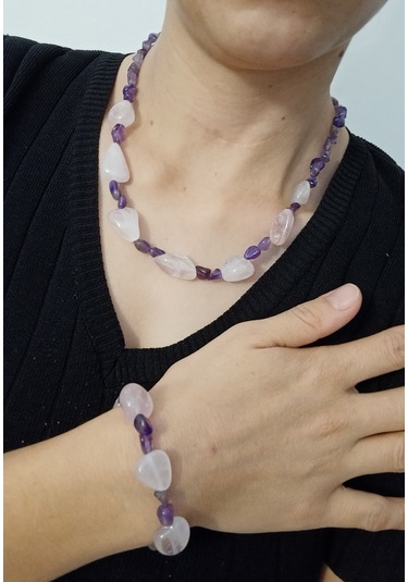 Doğaltaşkolye/bileklik Takım - Pembe Kuvars Ve Ametist Taşı Takım Mdl-1005/balık Hediyelik Mor - Pembe