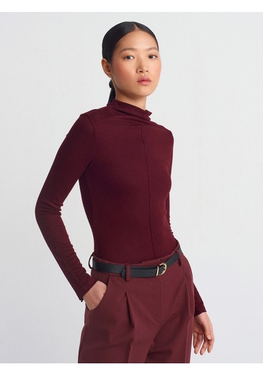 Dilvin 31391 Dik Yaka Uzun Kollu Top Bordo
