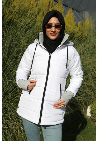 Barbora Kışlık Kapüşonlu Uzun Kadın Şişme Tesettür Mont 805beyaztesettür