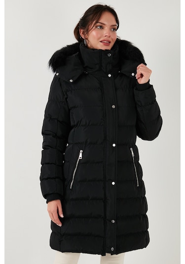 Lela  Regular Fit Çıkarılabilir Kapüşonlu Fermuarlı Cepli Şişme Bayan Mont 497Emily Siyah