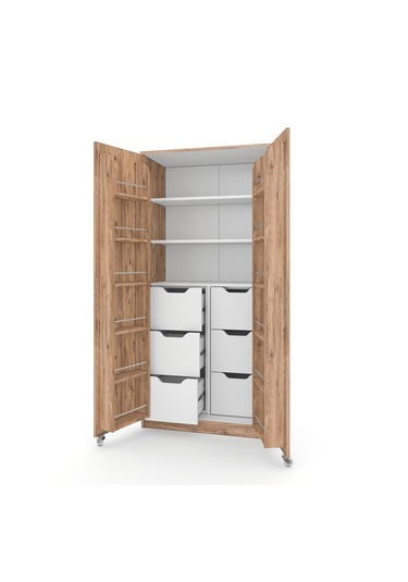 90 Derece Açılabilir 2 Kapaklı, 6 Çekmeceli, Kavanoz Raflı Kiler Ve Erzak Mutfak Dolabı Atlantik Çam