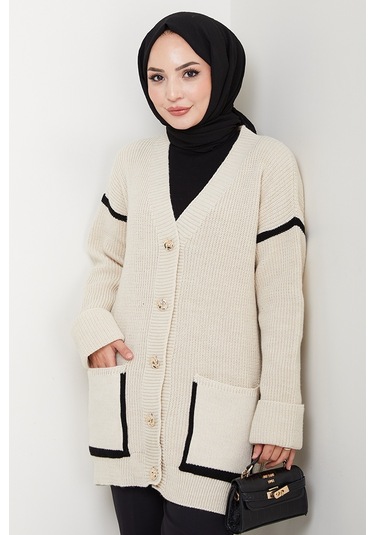 İlge Düğmeli Triko Hırka 1597 - Bej Bej