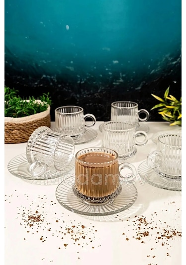 Çeyizci Çarşı 12 Parça Cam Kahve Fincan Seti Origami Çizgili Desen Nescafe Fincanı Cam Tabaklı Çay Takımı 125cc Şeffaf