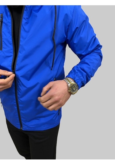 Erkek Kapüşonlu File Detaylı Saks Mavisi Yağmurluk Saks Mavisi Saks