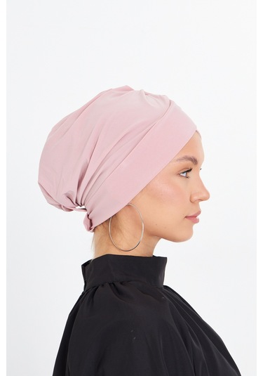 Pudra Pratik Hazır Geçmeli Tesettür Bone Sandy Kumaş Çapraz Büzgü Pudra