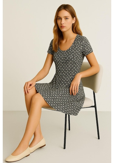 2 Adet Dökümlü Rahat Kalıp Günlük Penye Kumaş Elbise Ekru - Kahverengi