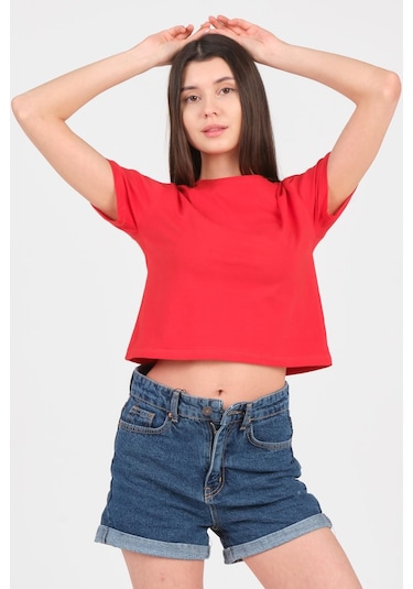 As Collection Kırmızı Bisiklet Yaka Kısa Kol Örme Kadın Crop Kırmızı