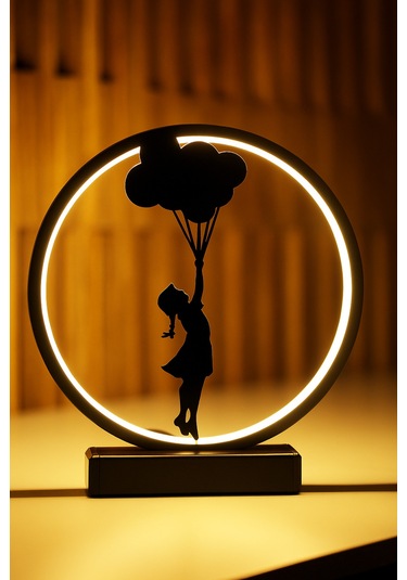 Balonla Uçan Kız Figürlü Kablolu Led Masa Lambası Sanatsal Dekoratif Gece Işığı Balonkız