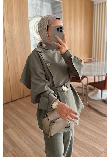Kahijab Omuz Düğmeli Trenç Takım - Yeşil Yeşil