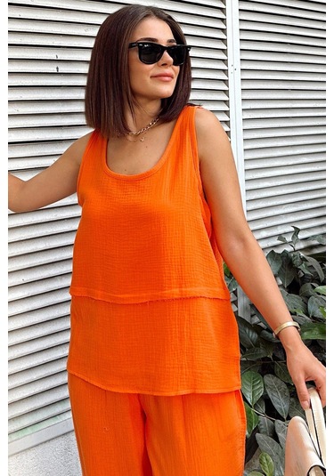 Turuncu İthal Müslin Kumaş, Basic, Katlı, Salaş Askılı Bluz & Atlet Turuncu