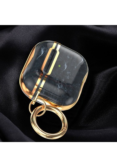 Mermer Doku Galvanik Çerçeve Kulaklık Koruyucu Kılıf Airpods Uyumlu 3 İçin Kanca İle Mor + Gümüş