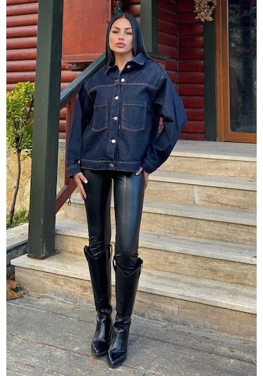 Lacivert Denim Color, Apaş Yaka, Çift Cepli, Kaliteli Jeans Kumaş, Salaş Kot Ceket Lacivert