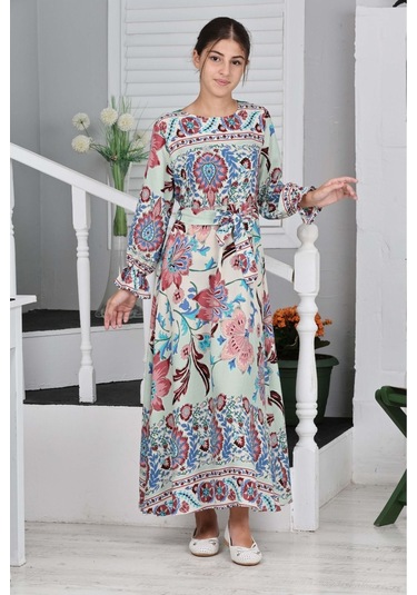 Kız Çocuk Viskon Kumaş Desenli Uzun Elbise Yeşil