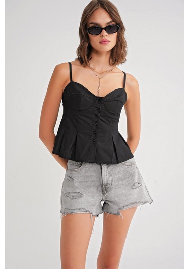 4737 Kadın Düğmeli Kuplu Pileli Bluz Siyah Siyah