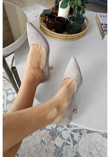 10 670 Topukla Kadın 6 Cm Kadeh Topuk Stiletto Vizon Süet