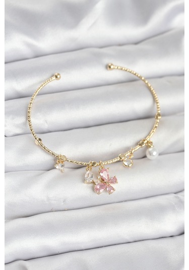 Pembe Kelebek Charmlı Gold Renk Kadın Bileklik Çok Renkli
