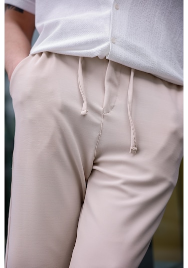 Erkek Bej Renk Likralı Kumaş Jogger Pantolon-1761 Bej