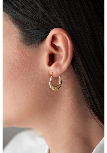 925 Ayar Gümüş Gold Rengi Çizgili Oval Tasarım Şarnel Küpe Gold