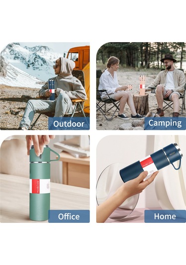 Tenfowee 500ml 304 Paslanmaz Çelik Isı Yalıtımlı Termos Seti, 3 Bardaklı, Taşınabilir, Otomobilde Kullanılabilir, Sıcak/soğuk İçeceklere Uygun Siyah