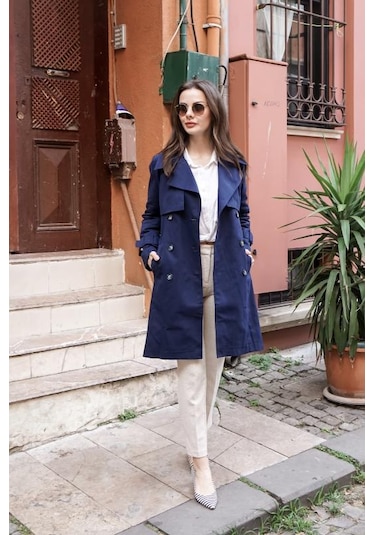 Pastelastore %100 Pamuk Gabardin Midi 95cm Astarlı Kemerli Kadın Trençkot 1113 Lacivert
