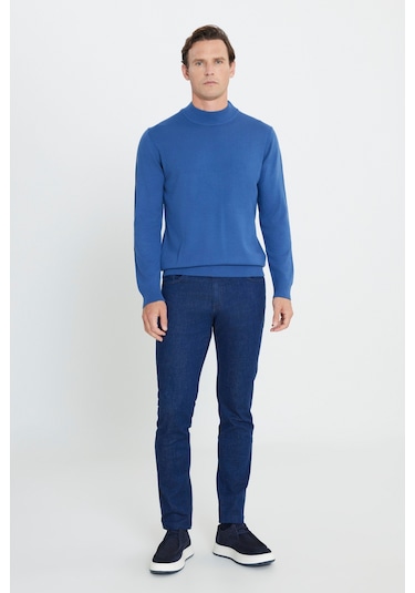 AC&Co / Altınyıldız Classics Erkek İndigo Standart Fit Normal Kesim Yarım Balıkçı Yaka Triko 4A4923100005INDS İndigo