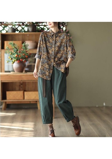 Kadın Baskılı Pamuk Keten Gömlek Kadın Rahat İlkbahar Ve Sonbahar Vintage Uzun Kollu Gömlek Üst Kahve Kahverengi