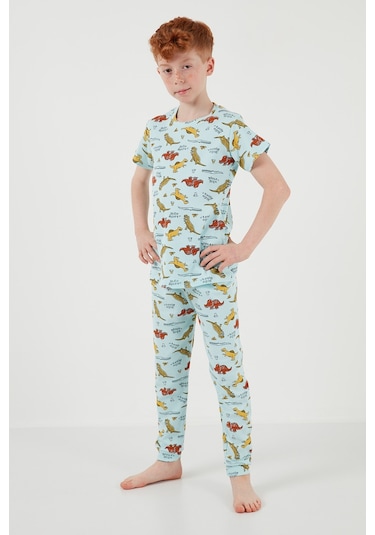 Lela Desenli % 100 Pamuk Bisiklet Yaka Erkek Çocuk Pijama Takımı 6651001 Mint
