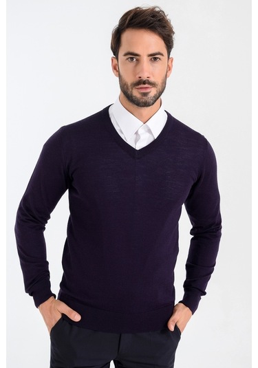 Heyss Mürdüm V Yaka Yünlü Erkek Triko Kazak Mürdüm