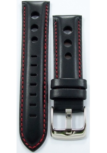 Bizon Siyah Deri Saat Kordonu 24Mm Kırmızı Dikişli Delikli Kayışı