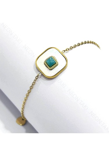 Beyaz Sedefli Ve Yeşil Boncuklu, Paslanmaz Çelik Halhal 7, Altın Renk Altın