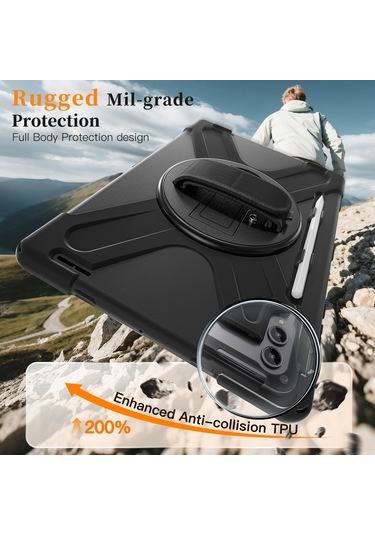 Samsung Galaxy Tab S11 Ultra Kickstand Kılıf Tpu Pc Silikon Tablet Kılıfı Ve Omuz Askısı - Siyah Tablet Kılıfı