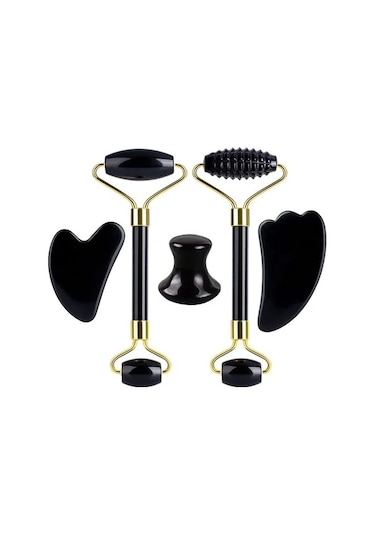 H Tipi Doğal Obsidyen Yüz Masajı Rulosu Gua Sha Kazıyıcı Seti Guaj Taşı Yüz Yeşim Rulo Masajı Guaj Kazıyıcı Yüz Masajı 2pupcı Çok Renkli