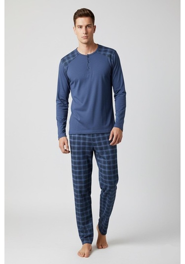 Erkek İnterlok Rahat Kalıp Sıfır Yaka Pamuk Pijama Takımı 6779 Mavi