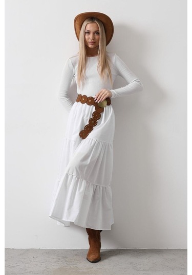 Pamuklu Beli Lastikli Etek - Beyaz Beyaz