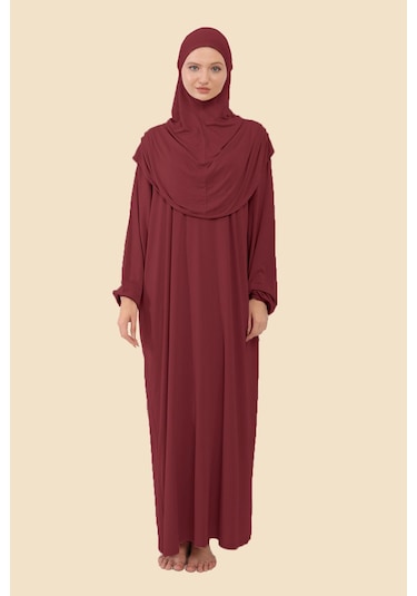 Tek Parça Tesettür Namaz Elbisesi Tak Çıkar Başörtülü Organik Pamuklu Lastikli Kolu Kaymaz Penye Bordo