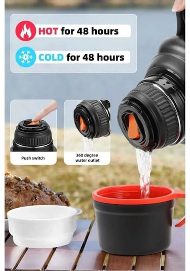 Paslanmaz Çelik 3,2 Litre Termos Haki Renk 48 Saat Sıcak 72 Saat Soğuk Kamp Piknik Seyahatte Metalik