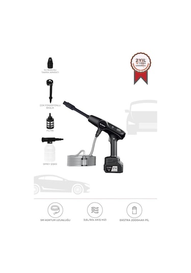 Torima D-015 Siyah Akülü Şarjlı Yüksek Basınçlı Oto Araba Bahçe Yıkama,temizleme Su Tabancası