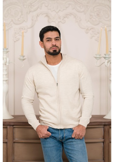 Woolen World Regular Fit Dik Yaka İnce Baharlık Triko Hırka Krem