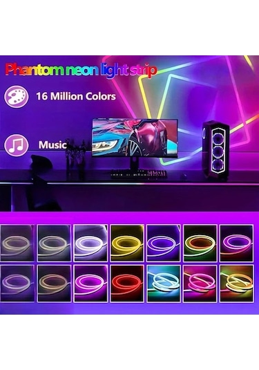 Globalbloom 39.37 İnç Usb Led Neon Işık Rgb Müzik Senkronizasyonlu 3 Tuş Kontrollü Dekoratif Aydınlatma 3 Tuşlu Düğme Kontrolü Boyut