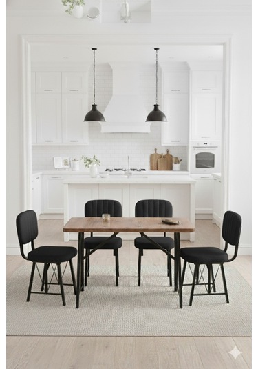 Elfin 70x110cm Sabit Atllantik Yemek Masası, Yemek Masası Takımı, Mutfak Masası, 4 Siyah Sandalye Siyah