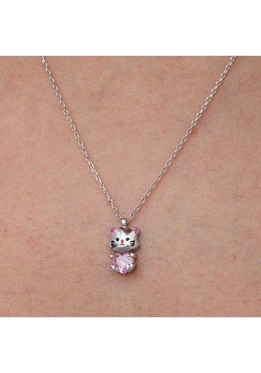 Blackcraft Gümüş Pembe Taşlı Sevimli Kedi Kadın Kolye Renkli