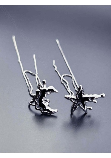 Ay Ve Yıldız Figürlü, Kore Tarzı Kıkırdak Vip Küpe 595, Gümüş Renk Gümüş