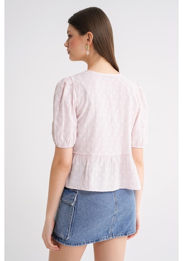 4688 Kadın Balon Kol Çiçek Desenli Peplum Bluz Pembe Pembe