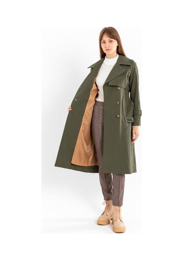 Pastelastore %100 Pamuk Gabardin Uzun 110cm Astarlı Kemerli Kadın Trençkot 1111 Haki