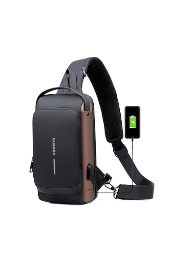 Arion USB Şarj Portlu ve Kilitli Omuz ve Göğüs Çantası Siyah Kahve