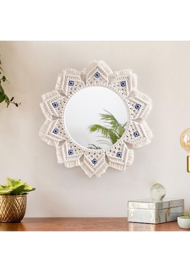 Pazly Suntek Saçaklı Makrome Magideal Ayna Ks Beyaz