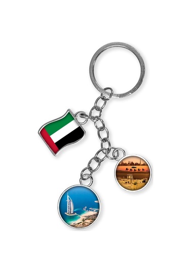 Dubai Üçlü Epoksi Metal Çift Taraflı Damla Anahtarlık Dubai Gümüş