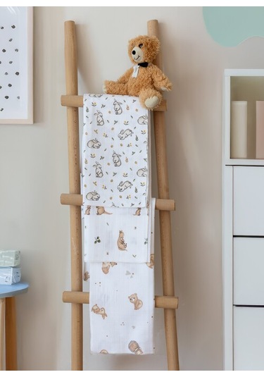 Çok Amaçlı Müslin Örtü & Battaniye 3'lü Set Pamuk Oeko-teks Sertifikalı 80x80 Cm Beyaz - Kahverengi