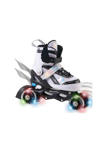 Melek Kanatlı Işıklı Çocuk Pateni Silikon Teker Ayarlanabilir Paten Taşıma Çantalı Siyah Siyah